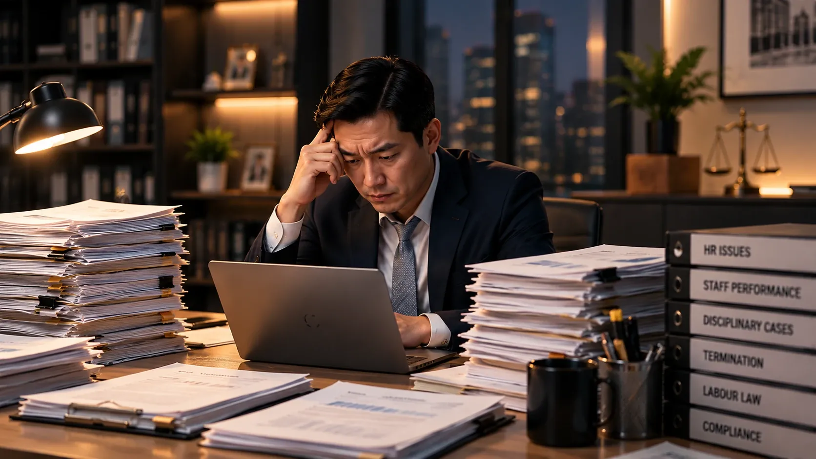 深夜里，一位企业老板被堆积如山的 HR 文件、员工绩效与纪律个案压得焦头烂额